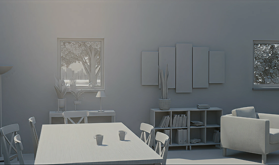 a clay rendering of a living room