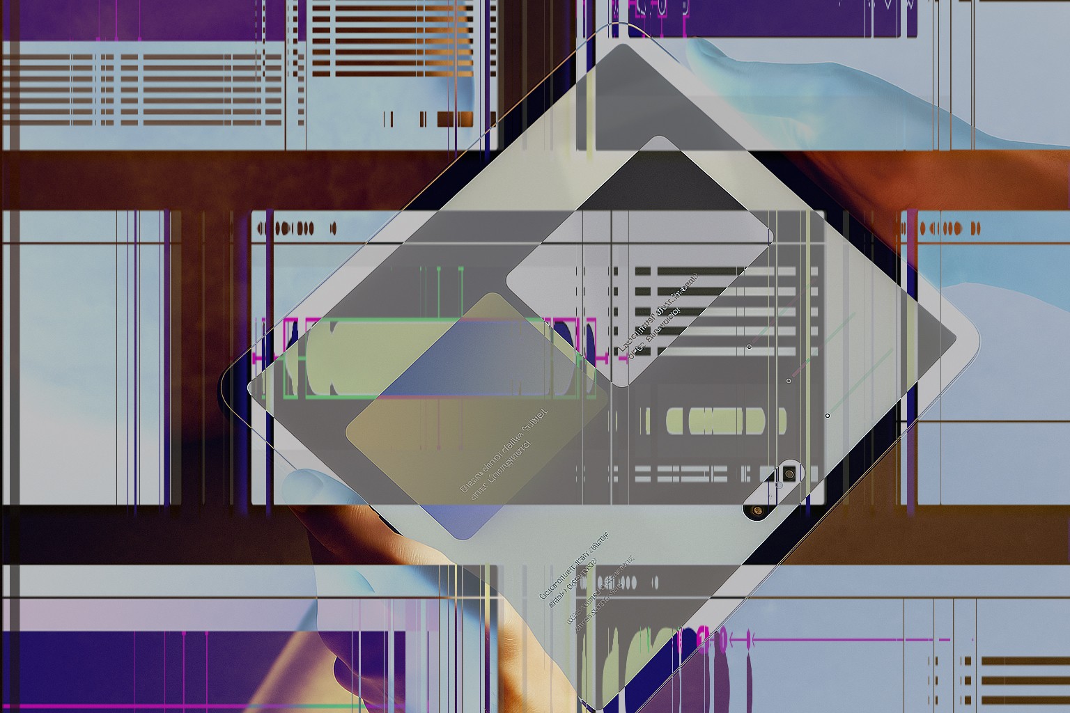 an abstract overlay, a tablet screen in the back