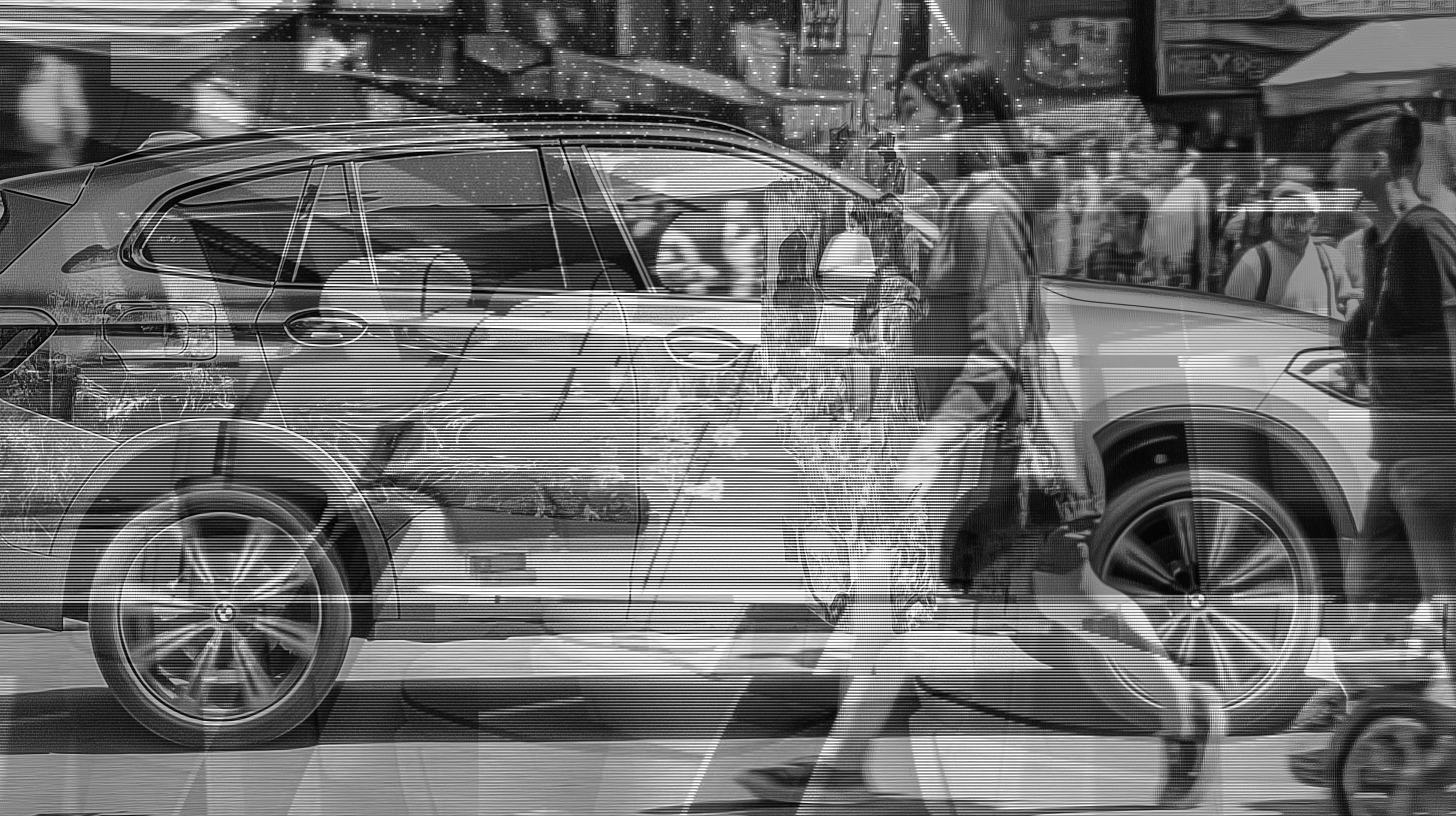 an abstract overlay of a car and a busy street scene